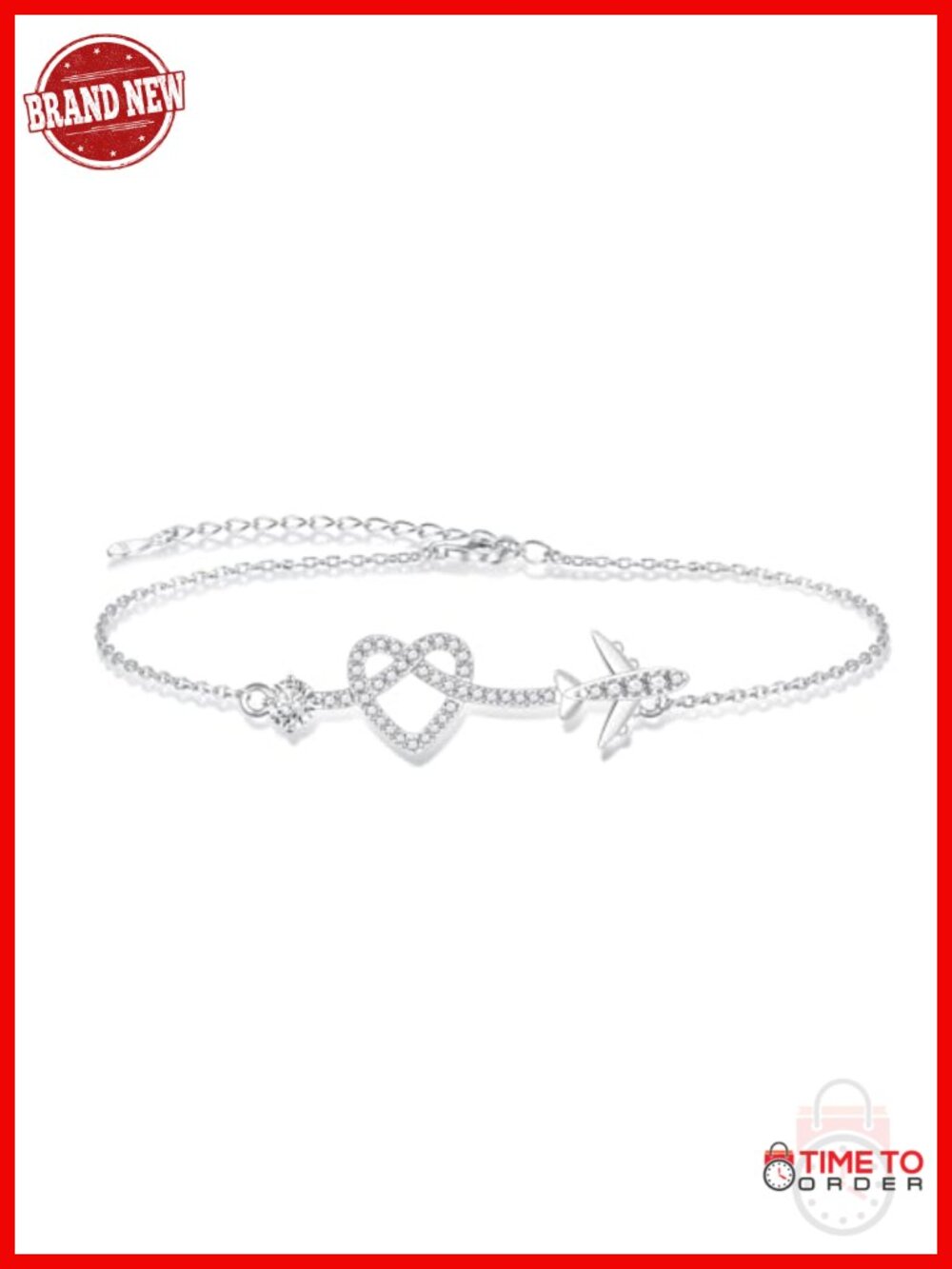 925 Sterling Silver Heart Airplane Bracelet Link Chain Aviation Gift